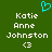 Green background with white pixelated text reading 'Katie Anne Johnston' and '<3', a cyan heart outline above the left text block, identical mirrored text on the right.