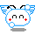 Pixel art contact sheet showing two frames of a cartoon character with blue wings, black antennae, red plus signs on cheeks, and changing facial features against gray background.