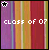Four display a striped background with a star icon and text variations of 'class of 07' in different fonts and colors