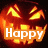 Animated pumpkin face with glowing orange and yellow light, displaying 'Happy' text on left and 'Halloween' text on right in white font.