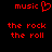 Red pixelated text and a heart symbol on black background, with two identical side-by-side layouts showing "music" above "the rock the roll".