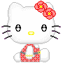 Two pixelated Hello Kitty icons side-by-side, one with open eyes and the other winking, both wearing red floral headbands and pink patterned outfits.