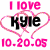 Four variations of a digital graphic showing 'I love Kyle' text with pink heart outlines and date '10.20.05', each with distinct color schemes for the text elements.