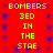 Red background with blue star-like patterns and yellow text reading "BOMBERS 3ED IN THE STAE" repeated in two identical vertical