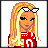 Pixel art contact sheet of a female character with blonde hair, red crop top, blue jeans, and white sunglasses across six frames showing full-body pose, midsection close-up, legs, headshot, and nameplate.