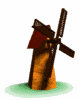 Animated windmill icon with rotating blades on a green circular base, brown tower, and red roof.