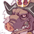 Pixelated close-up of a cartoon character with dark horns, purple skin, and red eyes wearing golden headgear against a white background.