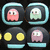 Pixelated character icons in a , alternating between pink and green ghost-like figures with yellow eyes, and yellow circular eyes on dark backgrounds