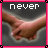 A four- with pink borders shows hands holding and releasing, paired with pixelated text reading 'never', 'let', 'go of', and 'my hand'