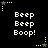 Black background with white pixelated text 'Beep Beep Boop!' repeated in six groups, each group surrounded by small star and dot patterns.