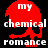 Red and white pixelated skull with 'my chemical romance' text on black background, two variations of color and shading.