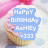 Pixelated birthday icon with blue text overlay on a pink and white background featuring an ice cream cone.