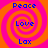 Four identical spiral patterns with blue text reading Peace, Love, Lax arranged vertically on a pink and orange background.
