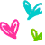 Three pixelated icons: a pink heart with white outline, cyan bird-like shape, and green curved form on white background.