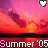 Animated sequence of pink and orange gradient backgrounds with repeating 'Summer '05' text, alternating white and purple heart icons above each frame.