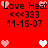 Red background with pixelated text and heart symbols in pink, white, and black; two of identical elements including 'Love Heat', '<<<333', and '11-16-07' surrounded by hearts