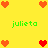 Yellow background with pixelated red and orange hearts arranged in a pattern, green text reading 'julieta' appears four times