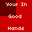 A 4-frame animated contact sheet showing a red background with white pixelated text repeating 'Your In', 'Good', and 'Hands' in different arrangements across frames.