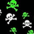 Pixelated green and white skull-and-crossbones icons float on a black background, with text 'rock', 'n.', and 'roll!' in pixel font on bright green.