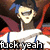 Pixelated anime-style character with blue hair and red cape, wearing white and blue outfit, displaying text overlays in three