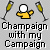 Pixel art icon with yellow figure holding champagne flutes, text variations reading 'Champaign with my Campaign' and 'what's my name', gray background.