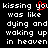Black background with white pixelated text reading 'kissing you was like dying and waking up in heaven' where the letter 'u' is replaced by a red heart symbol.