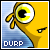Yellow cartoon character with large eye and ear, blue background, 'DURP' text, tears falling from eye in animation sequence.