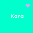 Cyan background with four white 'Kara' text blocks arranged in a , each corner containing pink pixelated symbols