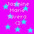 A static image with a bright pink background featuring repeated light blue stars and pixelated text reading "Jasmine Marie Rivera" followed by a heart symbol.