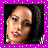A pixelated portrait of a person with dark hair and makeup, framed by a purple border with white dots, showing three distinct head angles.