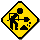 Yellow diamond-shaped warning sign with black border and pixelated construction worker holding a shovel, standing next to a pile of dirt.