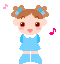 Pixelated doll avatar with brown pigtails and blue hair bows, wearing a blue dress with white collar, standing against gray background with pink musical notes.