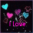 Pixelated icon with dark background, floating hearts in cyan, pink, purple, and light blue; text changes from 'I love' to 'Kyle' to '10/19/07'.