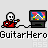 Pixel art animation of a red-shirted figure playing guitar next to a TV displaying colorful static, repeated across three with text "GuitarHero" below each