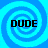 Four identical blue spiral patterns arranged in a , each containing the word DUDE in bold black text
