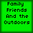 Four identical green square arranged in a , each displaying black pixelated text reading "Family Friends And the Outdoors"