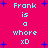 Pixelated text on bright pink background with blue stars, displaying 'Frank is a whore xD' in cyan and light blue letters.
