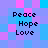 Pixelated of blue and pink squares with four identical text blocks reading Peace Hope Love in dark font