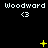 Pixelated icon with repeated "Woodward" text and <3 symbols, featuring yellow star-like animations on a black background.