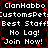 Static pixel art displays repeated text phrases on a black background with red accents, featuring 'ClanHabbo', 'CustomsPet', 'Best Staff!', 'No Lag!', and 'Join Now!' in white pixelated font.