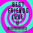 Four identical pixelated icons arranged in a , each with cyan and magenta spiral background and black text reading BEST FRIENDS LOVE U with exclamation marks below