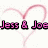 Pink heart outline with pixelated text reading "Jess & Joe 3/14/08" and "4 Life" across two views.