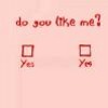 Static pink background icon with red text and two checkmark boxes labeled "Yes" below the question "do you like me?".