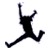 Four black silhouette figures in dynamic poses against a gray background, each with white pixelated outlines.