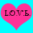 Two pink hearts on a cyan background with the word LOVE in black pixelated text inside each heart.
