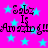 A static image with a bright pink background filled with light blue stars, featuring repeated text "Salsz Is Amazing" in black pixelated font.