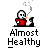 A contact sheet of 10 animated frames showing a pixel art character in red clothing smoking at a desk with the text "Almost Healthy" below each frame.