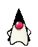 Pixelated character with black triangular head, white body, and red circular eye in multiple poses including waving, pointing, and hand gestures.