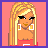 Pixelated image of a blonde woman with long hair, dark eyeliner, and square earrings wearing a red top with a white 'G' on it, standing against a pink background.