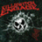 A pixelated skull with a red banner above it, showing subtle animation changes in the background and text.